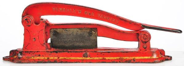 Venable Plug Tobacco Cutter.: Description Bright red Venables Ole Varginy embossed on handle. Working.Condition (Very Good). Size 17" L.