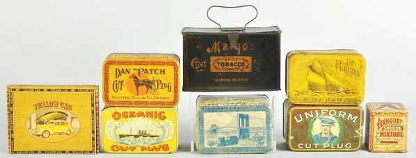 Lot of 8: Assorted Tobacco Tins & Cigar Boxes.: Description Includes harder-to-find Banquet Smoking Mixture with minimal wear, Yellow Cab cigar box in almost like-new condition, and others with minimal to modest wear.Condition (Very Good - Near Min