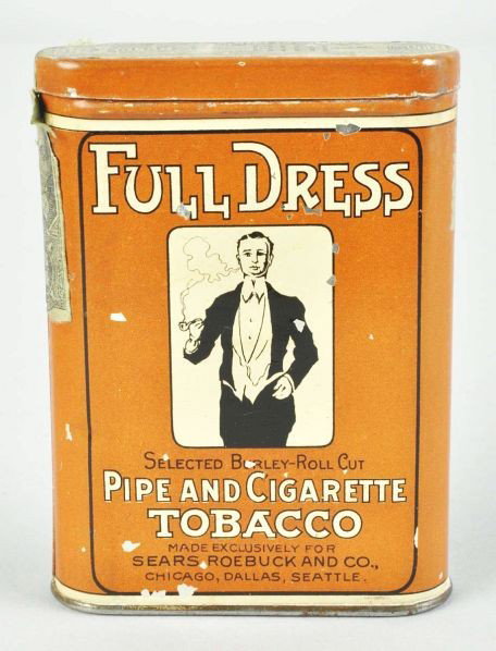 Full Dress Vertical Pocket Tobacco Tin.: Description From Sears Roebuck & Company. Harder-to-find piece with very respectable overall condition. Some scattered light flaking.Condition (Excellent). Size 4 - 1/4" T.