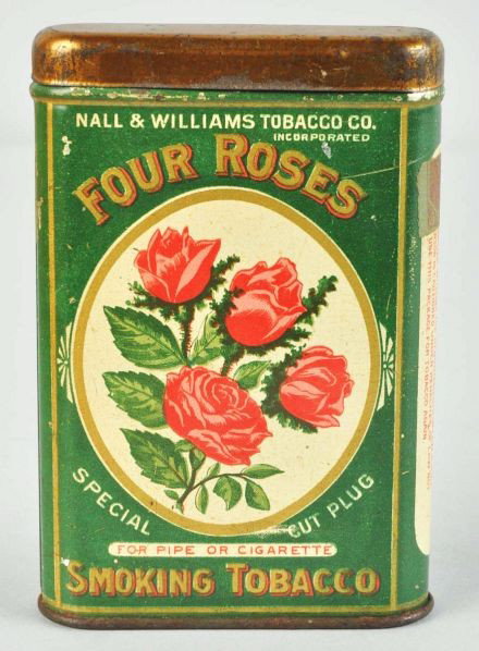 Four Roses Pocket Tobacco Tin.: Description Fine example with a few light scratches and minimal wear overall.Condition (Excellent). Size 4 - 1/2" T.