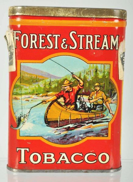 Forest & Stream Vertical Pocket Tobacco Tin.: Description More desirable canoe variation. Outstanding overall condition with minimal wear and remnants of original tax stamp still present.Condition (Near Mint). Size 4 - 1/4" T.
