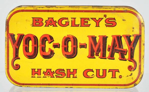 Bagley's Yoc-O-May Tobacco Tin.: Description Nice example with bold colors and minimal wear.Condition (Excellent). Size 4 - 1/2" L.