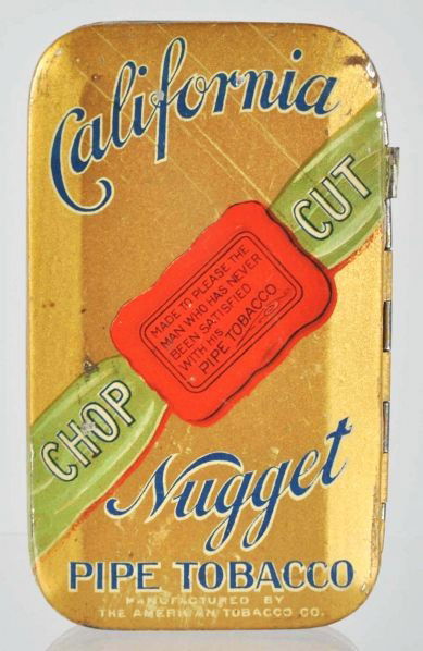California Nugget Pipe Tobacco Tin.: Description Nice example with bright bold colors and shine. A few light scratches throughout.Condition (Excellent). Size 4 - 1/2" L.
