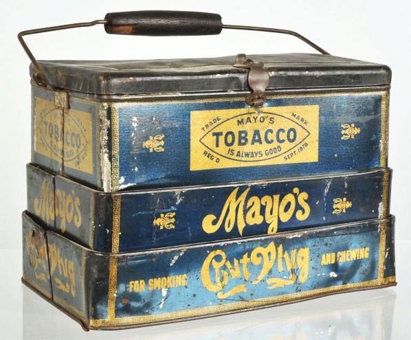 Collapsible Mayo's Cut Plug Lunchbox.: Description Original handle. Nice overall condition with minimal wear to sides and more moderate wear to lid.Condition (Excellent). Size 5 - 1/2" T.