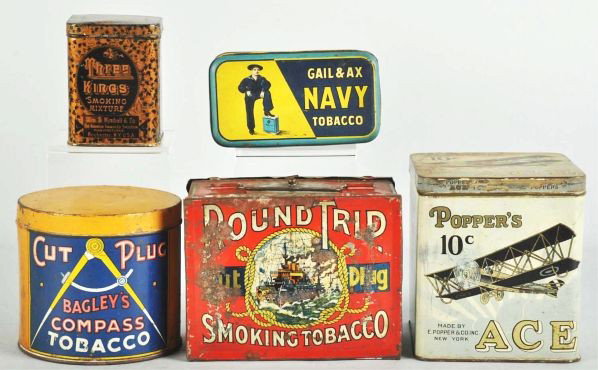 Lot of 5: Assorted Tobacco Cigar Tins.: Description Includes Gail & Axe Navy and Bagley's Cut Plug. Light to fairly moderate wear overall.Condition (Very Good). Size Largest: 6 - 1/2" L.