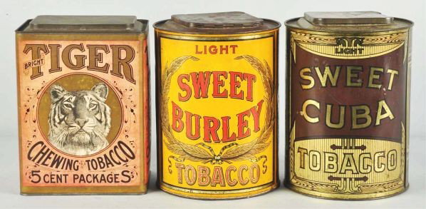 Lot of 3: Large Tobacco Canisters.: Description Includes Sweet Cuba, Sweet Burley, and Tiger with a fair amount of fading. The Sweet Cuba and Sweet Burley have minimal wear.Condition (Very Good - Excellent). Size Each: 11" T.