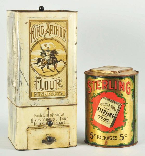 Lot of 2: Large Product Tins.: Description Includes Sterling Tobacco with some rusting to top and overall wear and King Arthur Flour with moderate wear.Condition (Very Good). Size Largest: 20 - 1/2" T.
