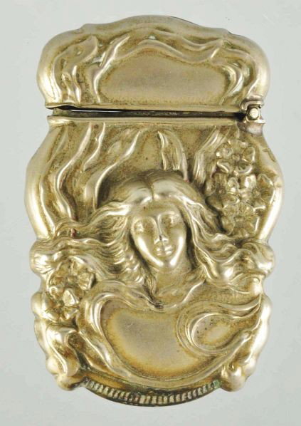 Mermaid with Flowers Match Safe.: Description Marked "Sterling". Nice Art Nouveau piece with nice detail throughout.Condition (Excellent). Size 2 - 3/4" T.