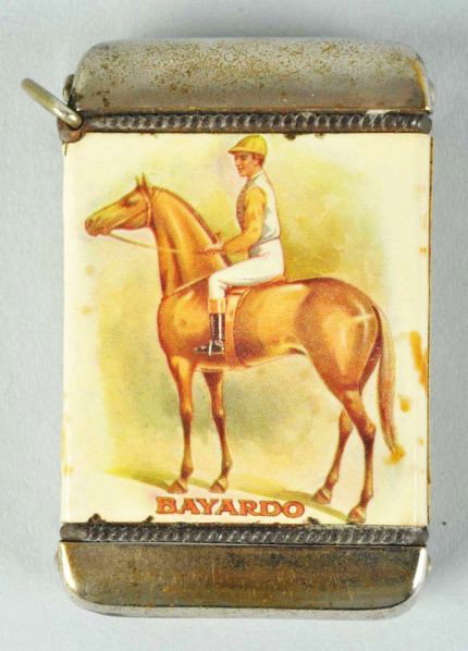 Bayardo Match Safe.: Description Highly detailed image of a horse and jockey on one side. Very nice overall condition with a few small spots of light foxing.Condition (Excellent). Size 2 - 1/4" T.