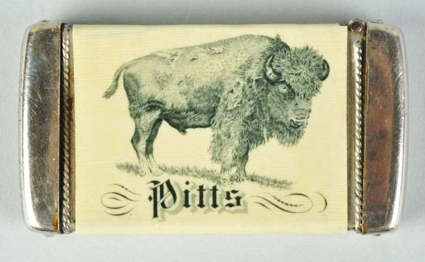 Buffalo Pitts Steam Rollers Match Safe.: Description Mechanically correct. Fantastic image of a detailed wild buffalo on one side and general advertising on the other side.Condition (Near Mint). Size 2 - 3/4" T.
