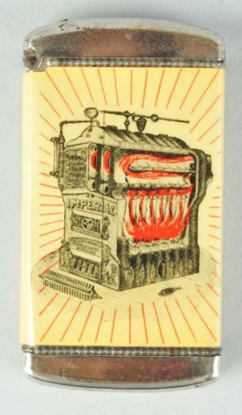 Imperial Boilers Match Safe.: Description Mechanically working. Unusual piece that is rarely seen. Image of a boiler on one side and general advertising on the other.Condition (Excellent). Size 2 - 3/4" T.
