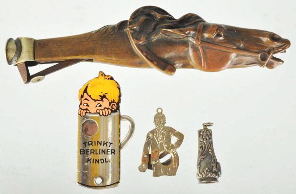 Lot of 4: Metal Cigar Cutters.: Description Includes three small cutters and one very unusual large horse's head cutter with great patina.Condition (Excellent). Size Largest: 7" L.