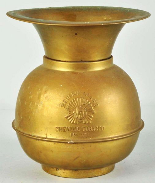 Brass Redskin Brand Chewing Tobacco Spittoon.: Description Nice image of Indian with full headdress on front.Condition (Excellent). Size 10 - 1/2" T.