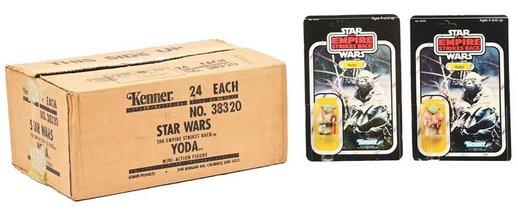 LOT OF 25: 24 STAR WARS ESB 32B MOC YODA FIGURES & SHIPPING BOX.: Lot of 24 ESB 32A Yoda figures and the origional shipping box. It was understood that these were bought as an entire unused box of 24 Yoda figures and stowed away. However, 1 of the 24 figures does