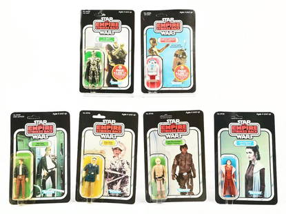 LOT OF 6 STAR WARS ESB MOC C-3PO, R2-D2, HAN BESPIN, HAN HOTH, LUKE BESPIN, AND LEIA BESPIN: Lot of six Star Wars Empire Strikes Back mint on card figures. (A) C-3PO on ESB 47A unpunched card with slight wear to the punch and slight surface scratches above the bubble. Bubble is in great