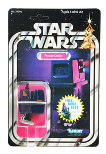 STAR WARS 20E POWER DROID.: Star Wars 20E Power Droid figure. This is an unpunched card in excellent condition. The upper-left corner has a small separation in the cardboard that can be seen from the side. There is also a small