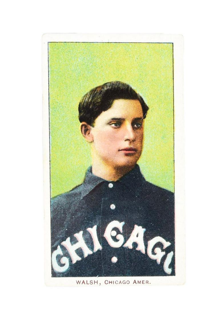 SCARCE T-206 HALL OF FAMER ED WALSH PIEDMONT TOBACCO CARD.: On the back, marked "Factory No. 25 Piedmont 150 Subjects Baseball Series." Shown in Chicago uniform, marked "Walsh, Chicago Amer." Card has nice green background, with slight creasing to middle of ca