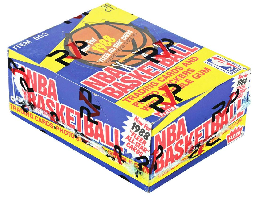 1988 FLEER BASKETBALL WAX BOX - 36 PACKS (RVP 3 JORDAN STICKERS).: The authenticator of this 1988 Fleer Basketball wax box notes that 3 of the 36 unopened packs inside the nearly pristine display box contain Michael Jordan stickers visible thru the wrapper! This issu