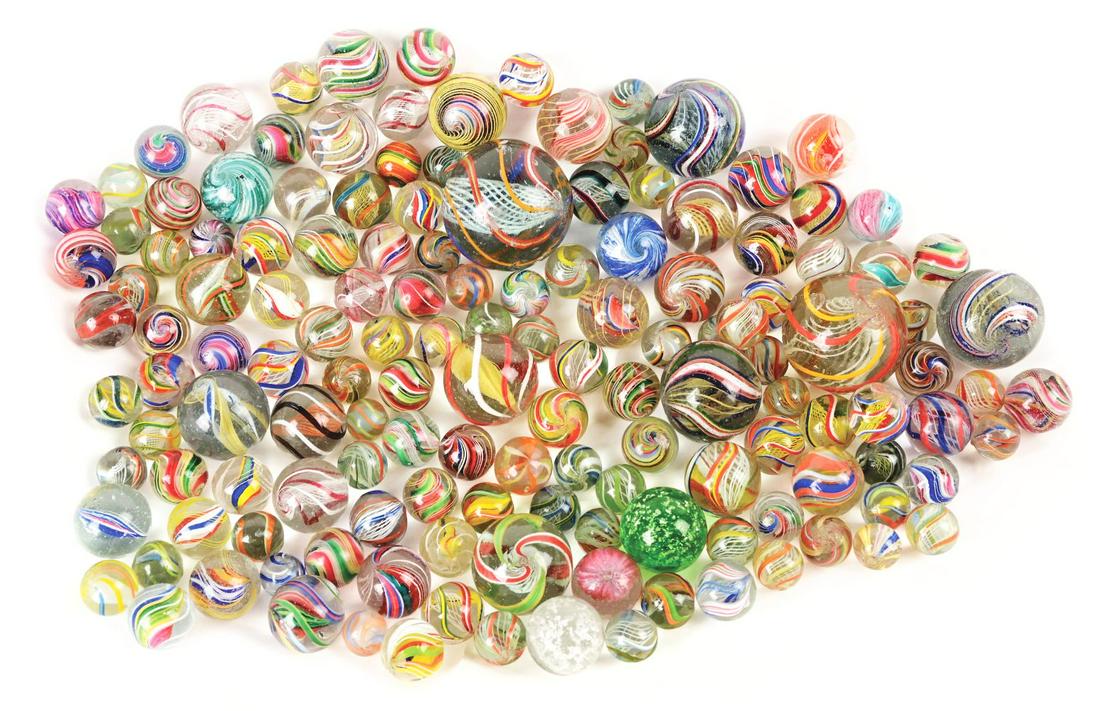 LOT OF APPROXIMATELY 140 HANDMADE MARBLES. (1 of 1)
