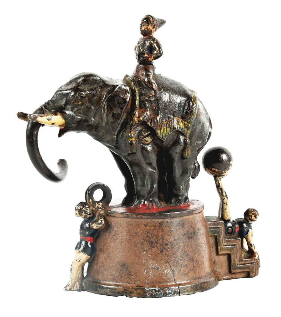 ELEPHANT W/ 3 CLOWNS BANK. (1 of 7)