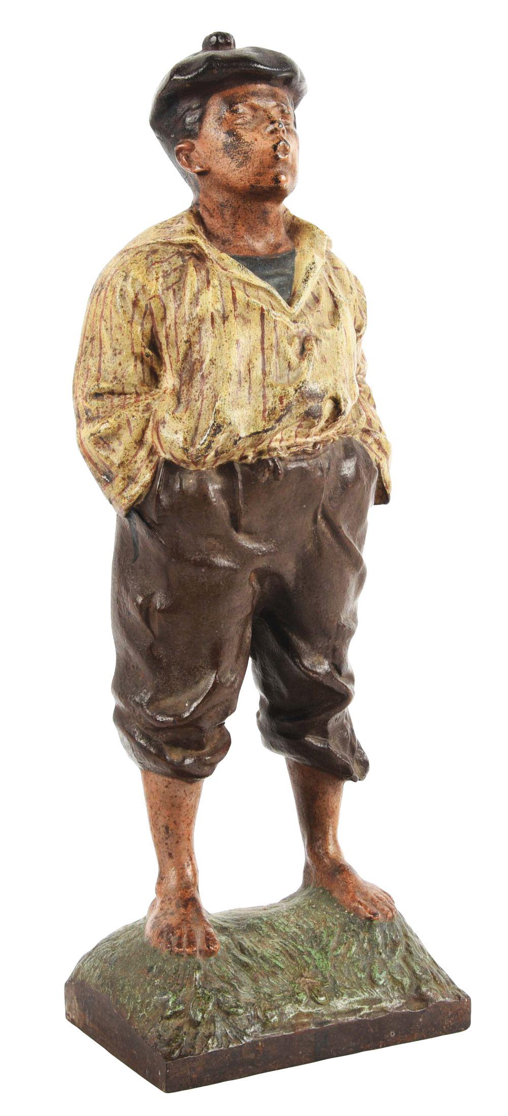 WHISTLIN' JIM DOORSTOP.: Made by Bradley & Hubbard. Rubber stops on back are present.Condition:(Very Good - Excellent).Dimensions:5 - 1/2" x 4" x 16 - 1/2".