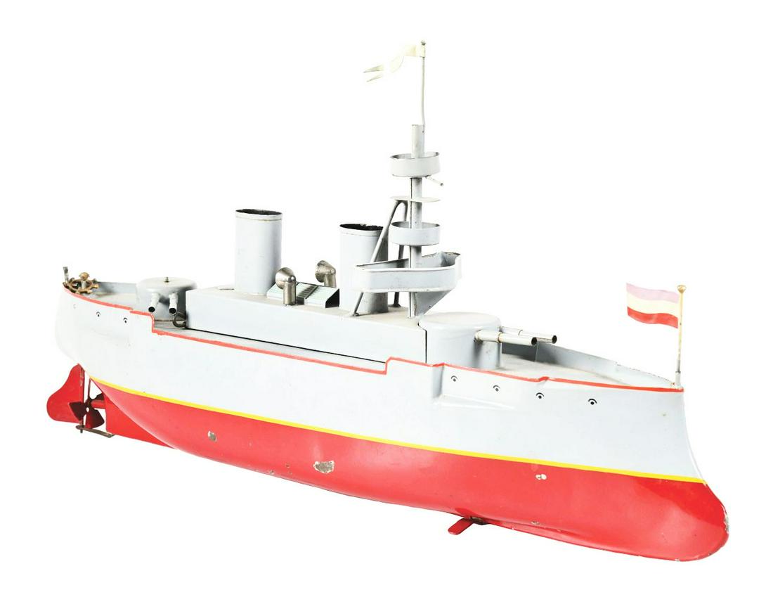 GERMAN BING HAND-PAINTED CLOCKWORK BATTLESHIP TOY.: Hand-painted flag on front, nice crow's next with flag. Double funnels, two stacks. Gray and red with red and yellow trim. Rear steering wheel broken off, but present. One double-turning gun on rear.