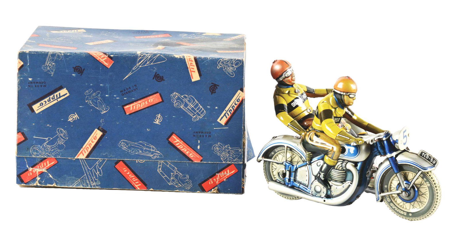 GERMAN TIN LITHO TIPPCO SILVER RACER MOTORCYCLE SIDE CAR IN ORIGINAL BOX. (1 of 9)