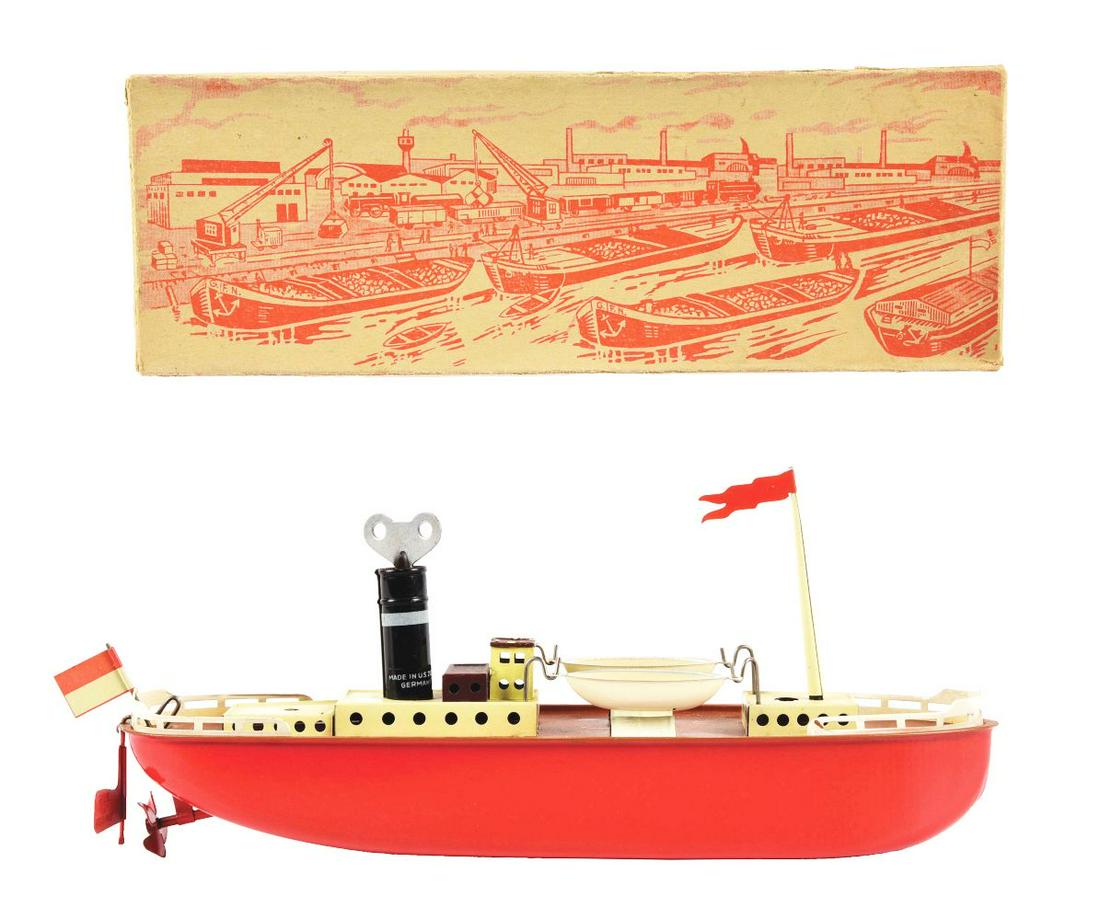 GERMAN FLEISCHMANN TIN LITHO WIND-UP TUGBOAT IN ORIGINAL BOX. (1 of 3)