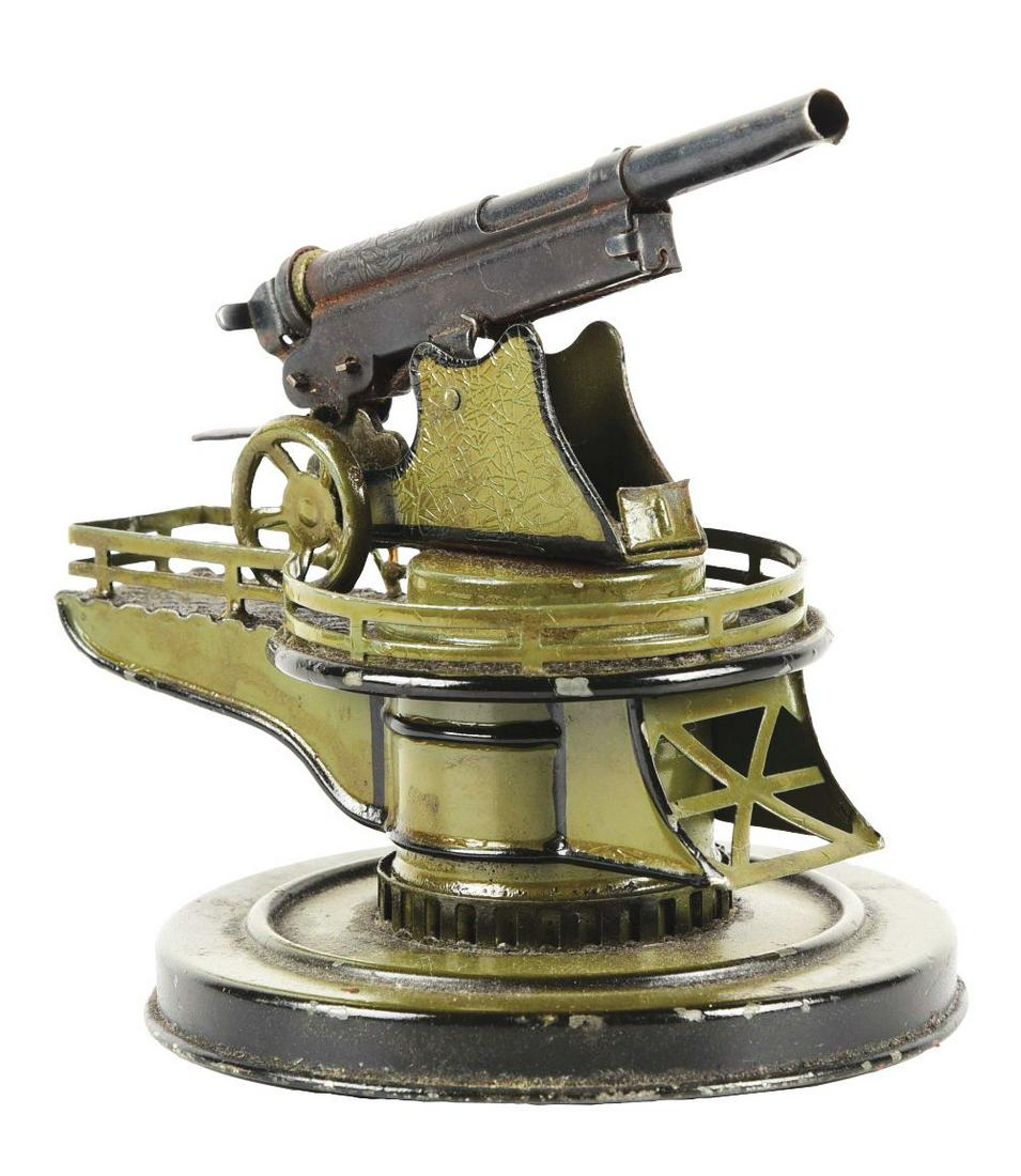 GERMAN MARKLIN PRE-WAR STATIONARY NAVAL GUN.: Small size. Appears to have crazing to paint and displays well. Original ladder. Marked "Marklin Germany" on bottom.Condition:(Very Good - Excellent).Dimensions:5 - 1/2" x 3 - 1/2" x 4 - 1/2".