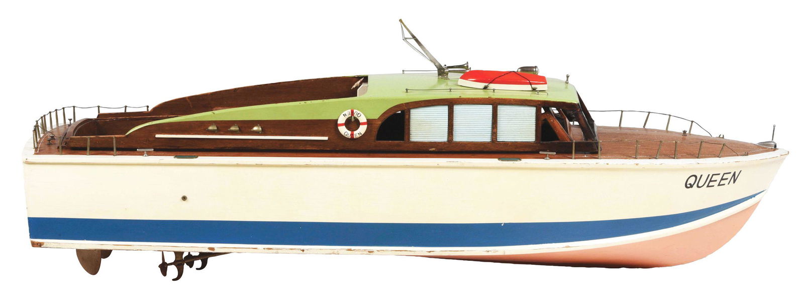 EXTREMELY LARGE JAPANESE BATTERY-OPERATED WOODEN CABIN CRUISER BOAT. (1 of 3)