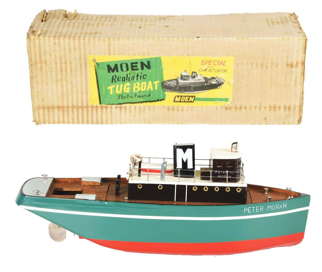 LARGER SIZE JAPANESE BATTERY-OPERATED WOODEN PETER MORAN MODEL TUGBOAT IN ORIGINAL BOX. (1 of 3)