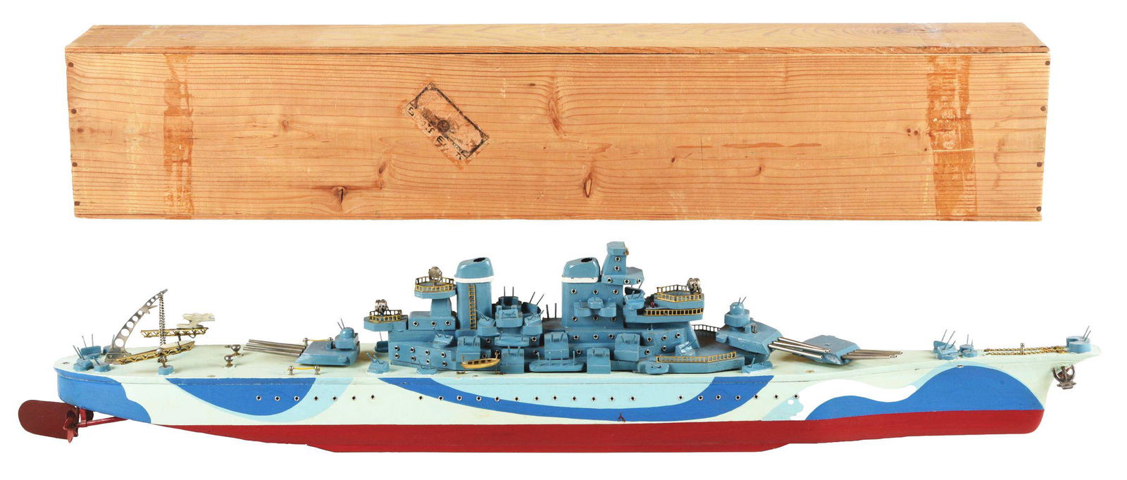 LARGE JAPANESE BATTERY-OPERATED WOODEN BATTLESHIP TOY IN ORIGINAL WOODEN BOX. (1 of 3)