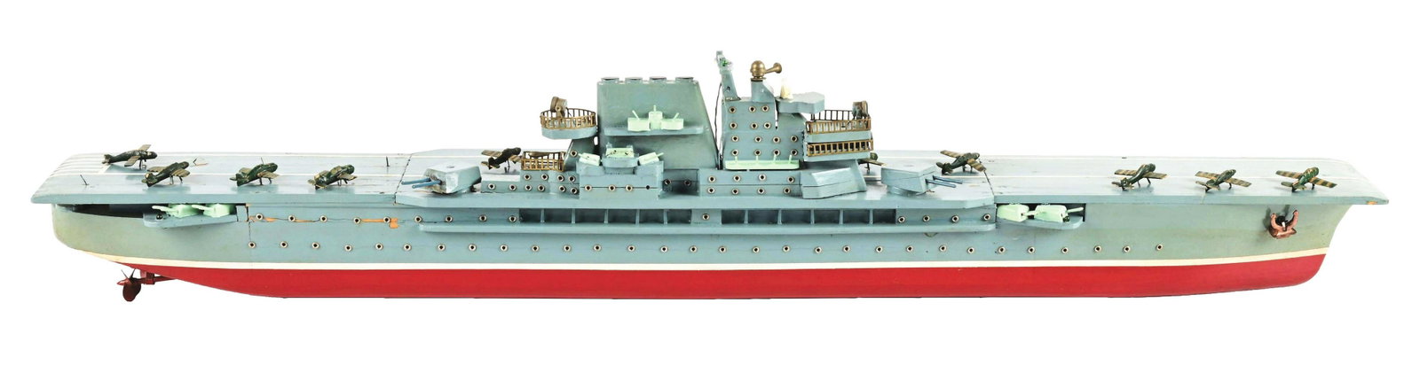 SCARCE JAPANESE BATTERY-OPERATED WOODEN AIRCRAFT CARRIER BOAT.: Looks to be all original. Appears to have some paint chipping and line cracking. Includes 12 airplanes, which are inside removable compartment.Condition:(Very Good - Excellent).Dimensions:4 - 1/2" x 3