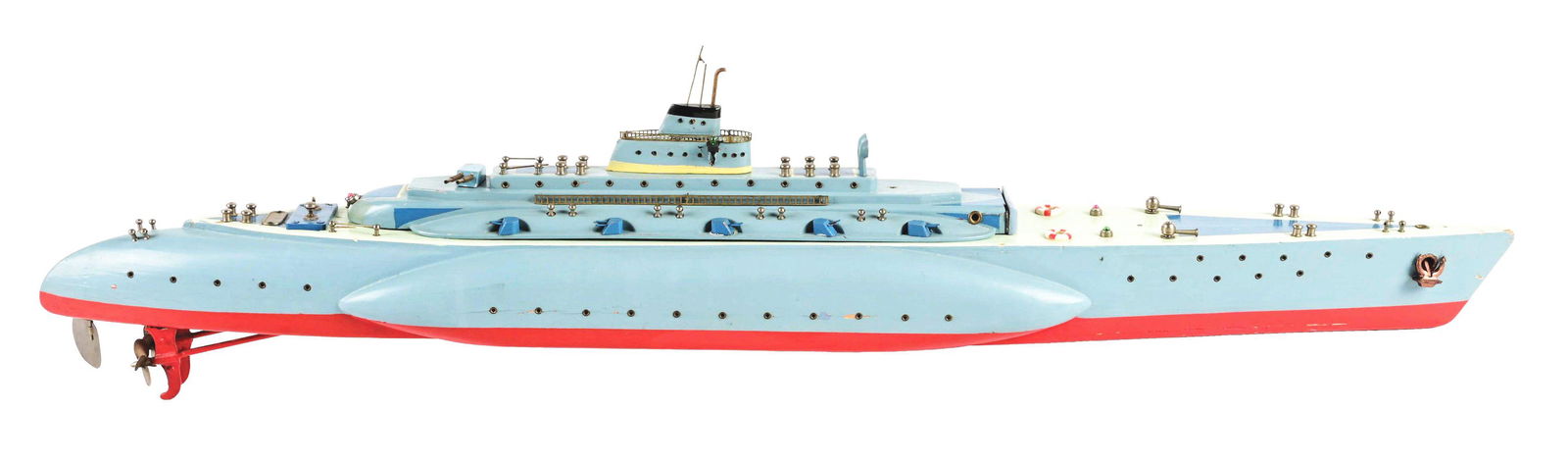 LARGE SIZE JAPANESE BATTERY-OPERATED WOODEN SUBMARINE BOAT. (1 of 3)