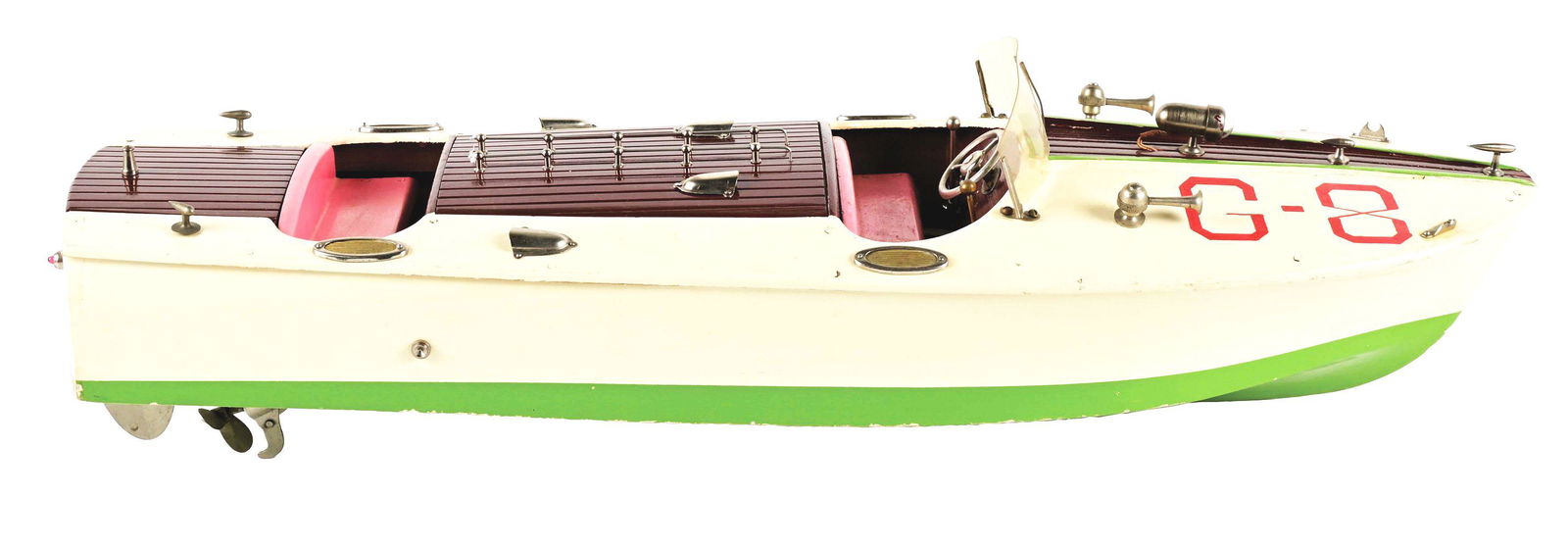 JAPANESE BATTERY-OPERATED WOODEN MODEL G-8 BOAT. (1 of 3)