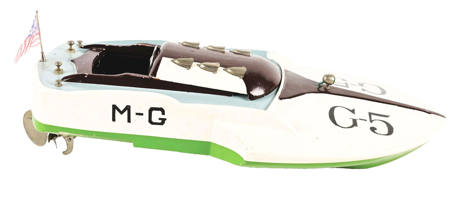 JAPANESE BATTERY-OPERATED WOODEN G-5 RACING BOAT. (1 of 3)
