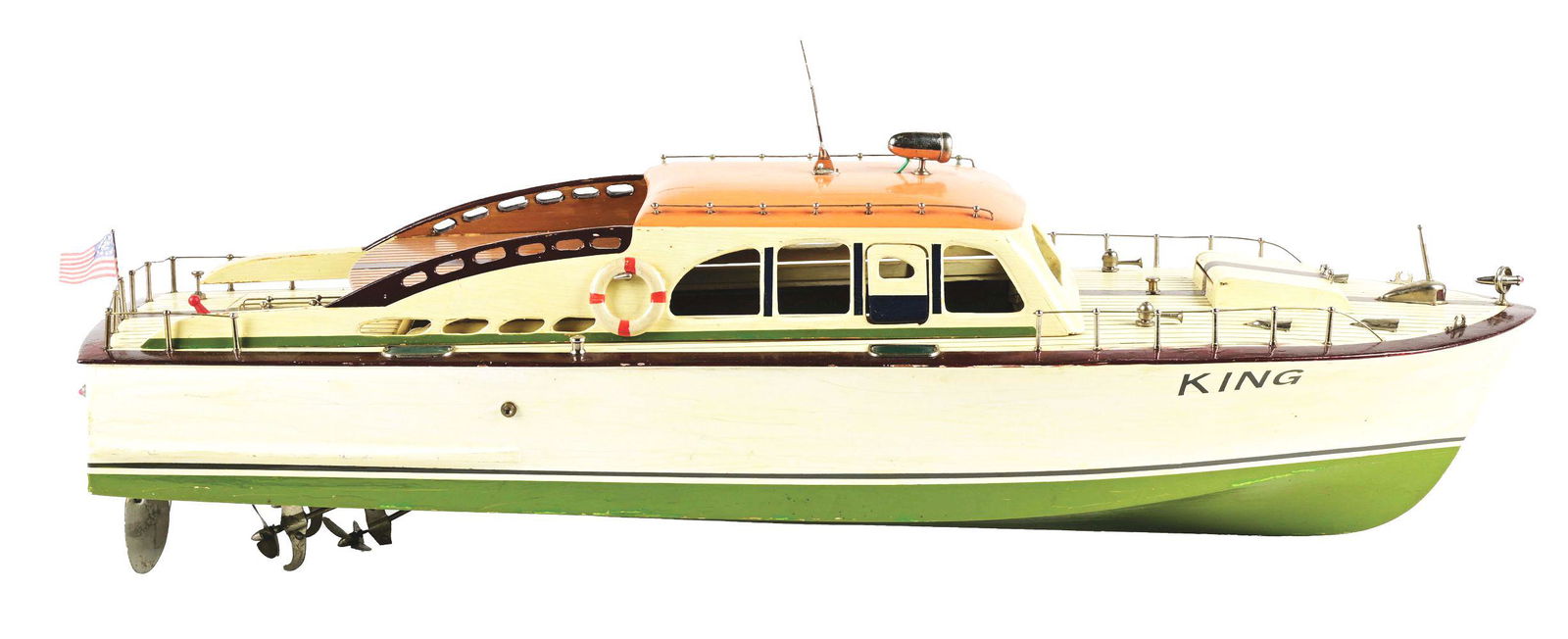 LARGE SIZE JAPANESE BATTERY-OPERATED WOODEN BOAT. (1 of 3)