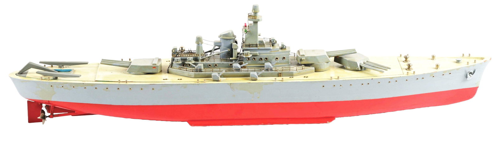 SCARCE JAPANESE BATTERY-OPERATED WOODEN BATTLESHIP TOY BOAT.: Two triple guns in rear and one triple gun in front. Looks to be all original. Grey and red color combination. Someone has varnished the top deck. The haul of the boat has some line cracking and peeli