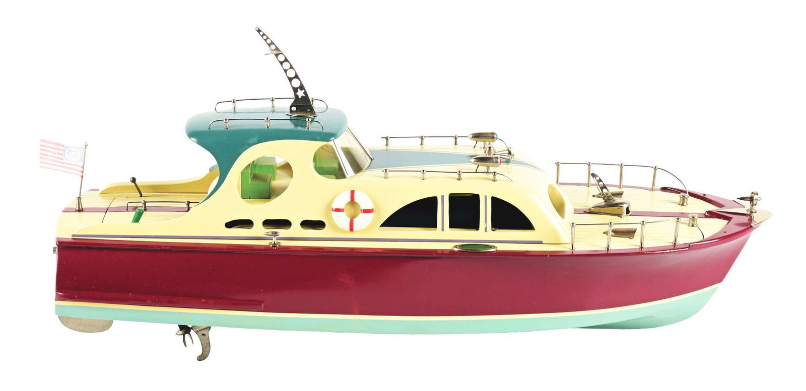 JAPANESE BATTERY-OPERATED WOODEN MODEL BOAT. (1 of 3)