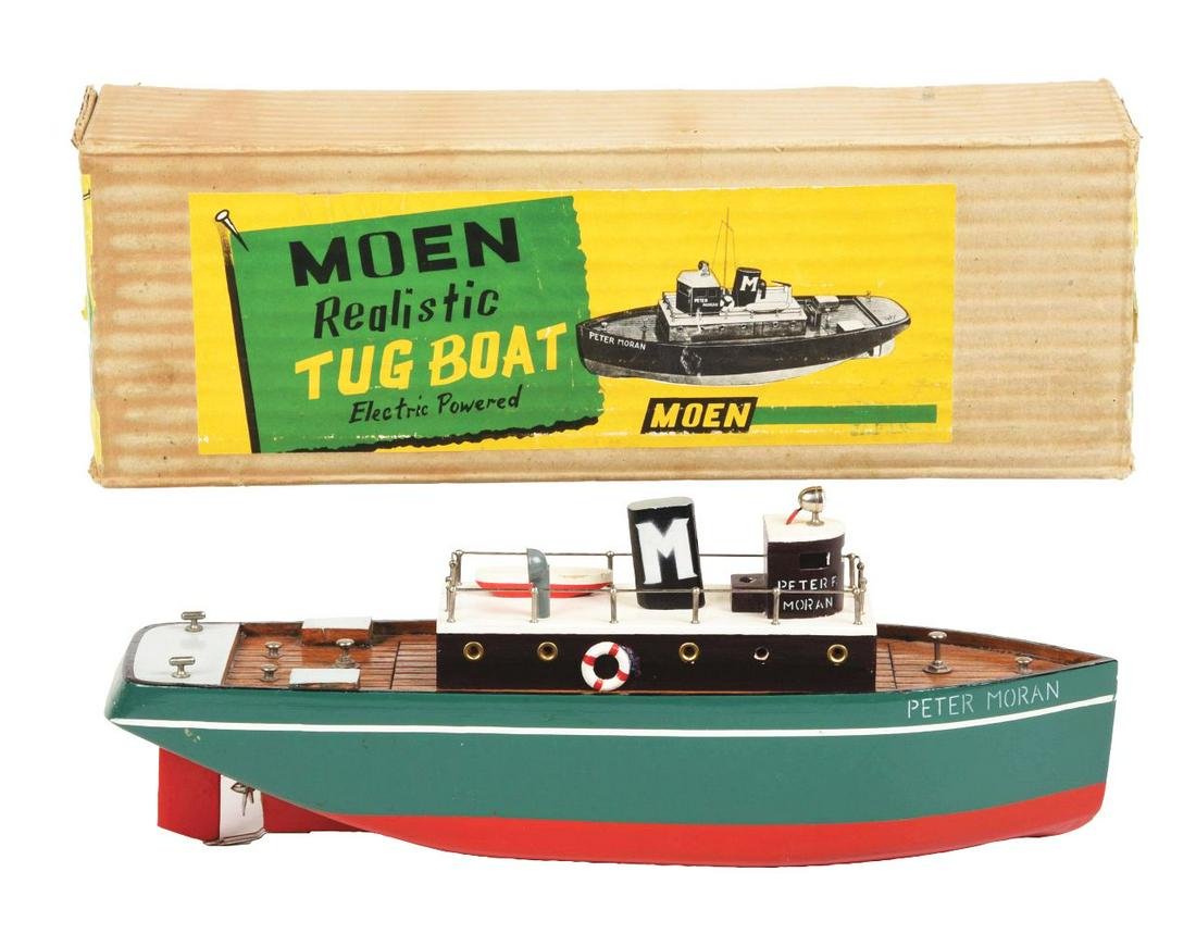 JAPANESE BATTERY-OPERATED WOODEN PETER MOREN TOY TUG BOAT IN ORIGINAL BOX. (1 of 3)