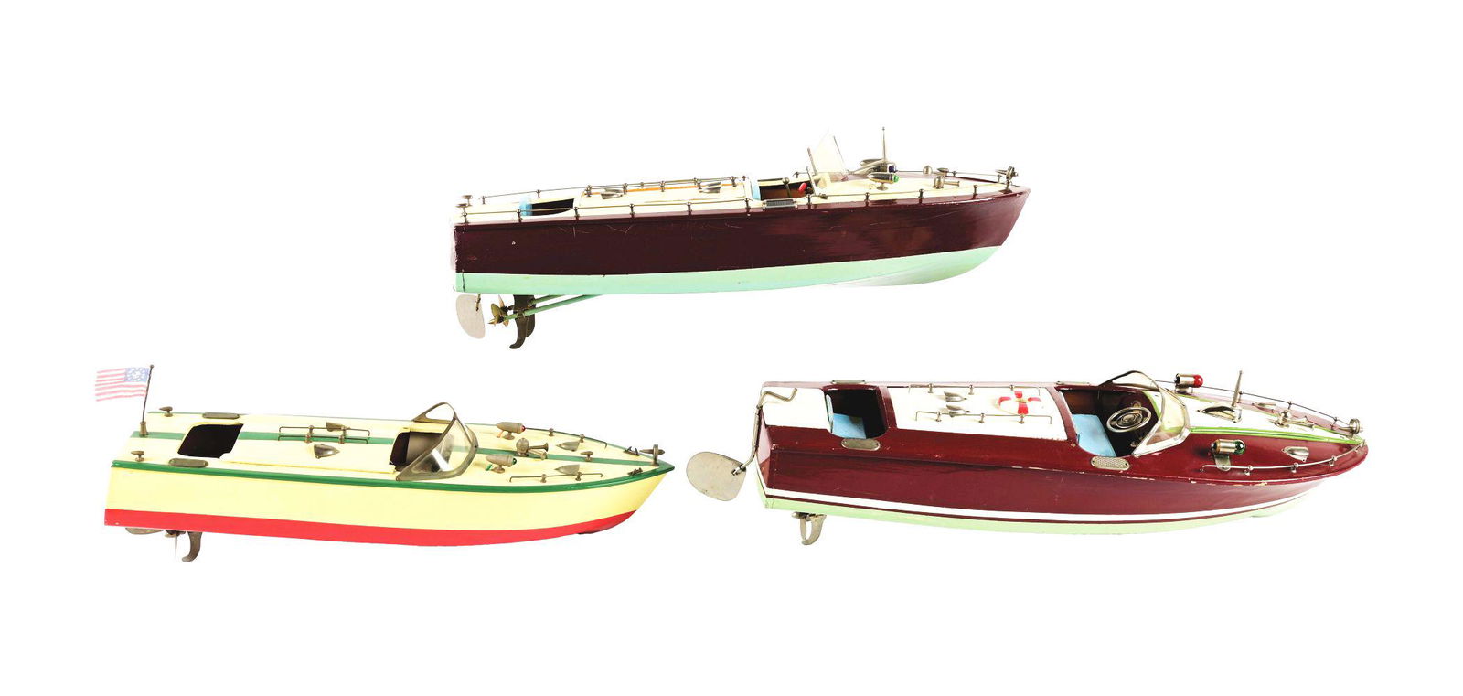 LOT OF 3: JAPANESE BATTERY-OPERATED WOODEN SPEEDBOATS. (1 of 3)