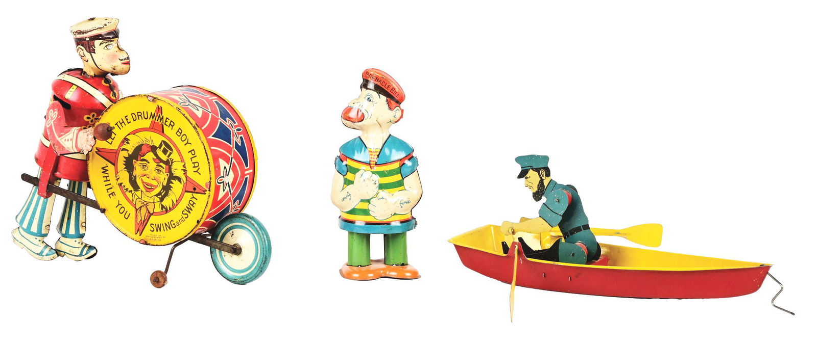 LOT OF 3: AMERICAN-MADE TIN LITHO CHARACTER TOYS.: There is a Marx George the Drummer Boy and two Barnacle Bill toys; a Chein Walker, and a Barnacle Bill in boat. George the Drummer and Walker are wind-up, Barnacle Bill boat is rubber band driven, but