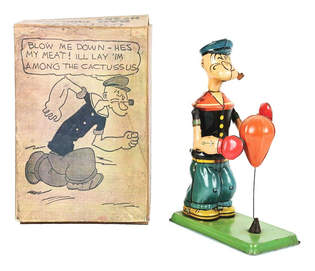 J. CHEIN & CO. TIN LITHO WIND-UP POPEYE BAG PUNCHER TOY. (1 of 4)