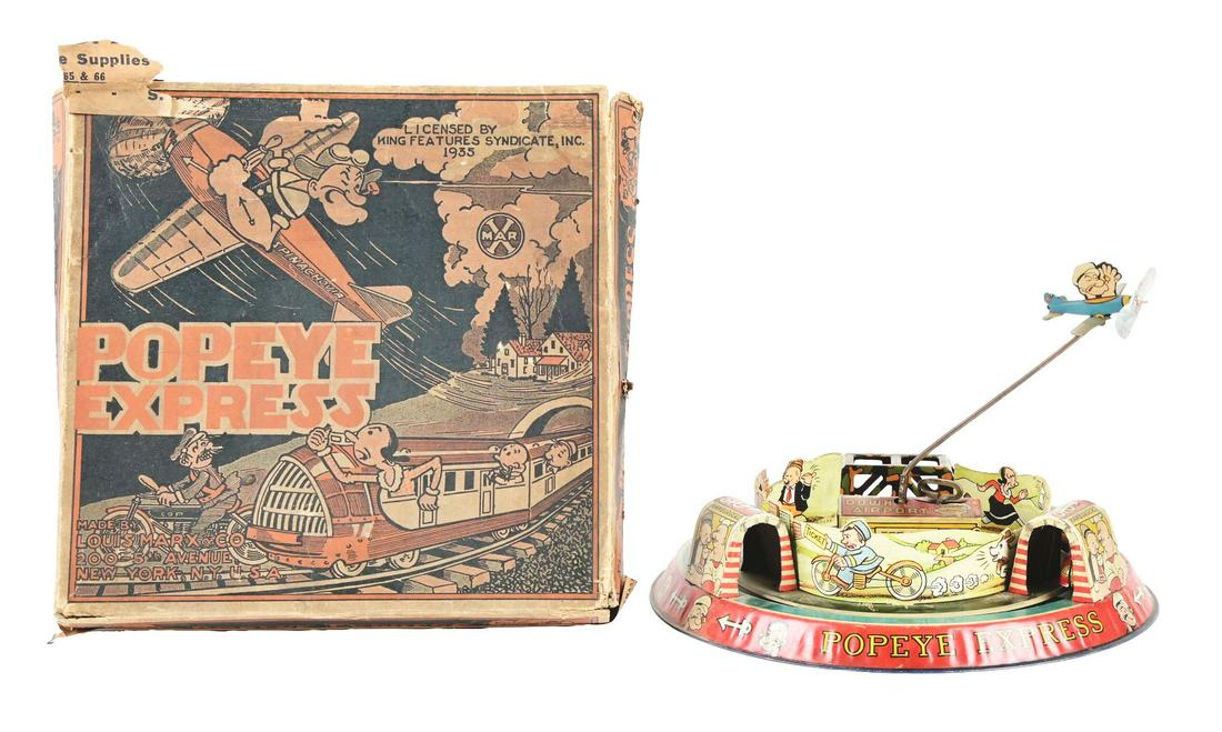 MARX TIN LITHO WIND-UP POPEYE EXPRESS TOY.: In original box. Box has great early graphics, marked "King Features Syndicate, Inc. 1935." Box shows Wimpy, Olive Oyl and Sweet Pea in train on front of box with motorcycle rider marked "COP." Nice g