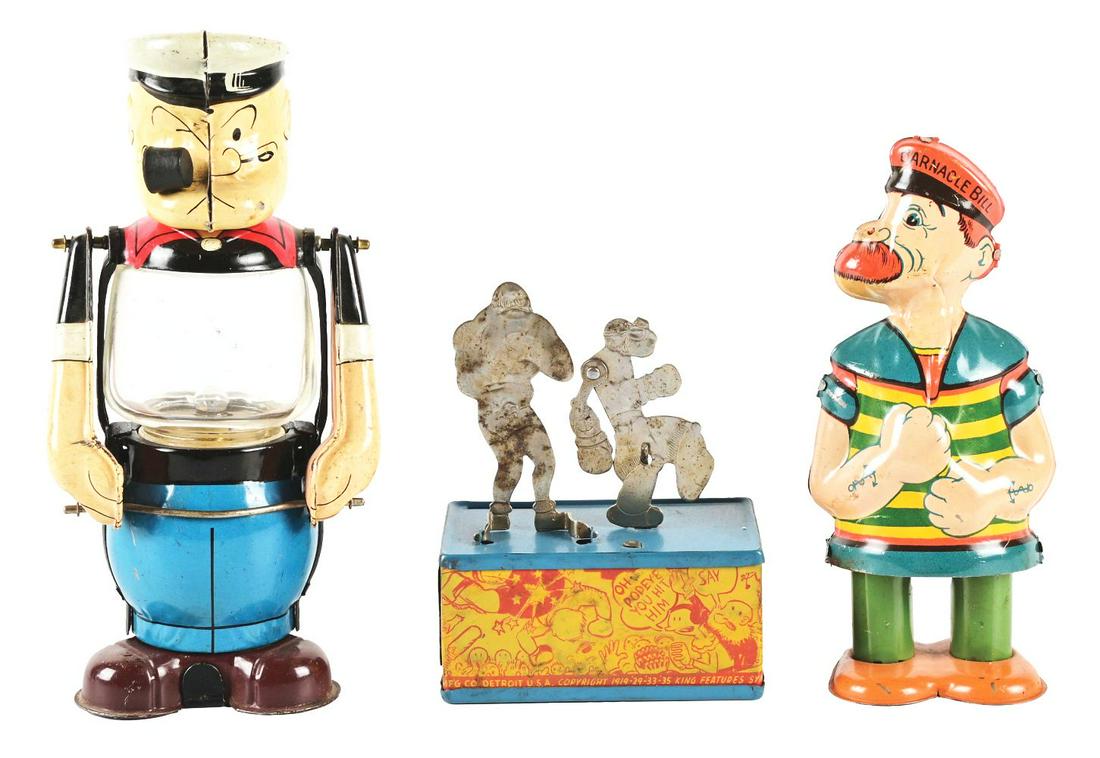 LOT OF 3: VARIOUS TIN LITHO POPEYE AND BARNACLE BILL TOYS. (1 of 4)