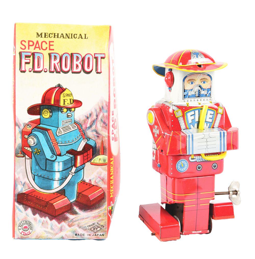 JAPANESE TIN LITHO WIND-UP SPACE F.D. ROBOT IN ORIGINAL BOX. (1 of 4)