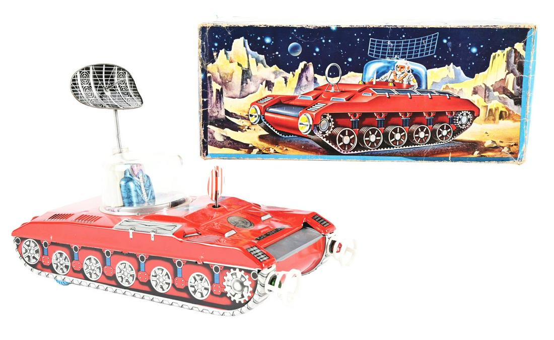 FRENCH TIN LITHO BATTERY-OPERATED SPACE VEHICLE IN ORIGINAL BOX. (1 of 3)