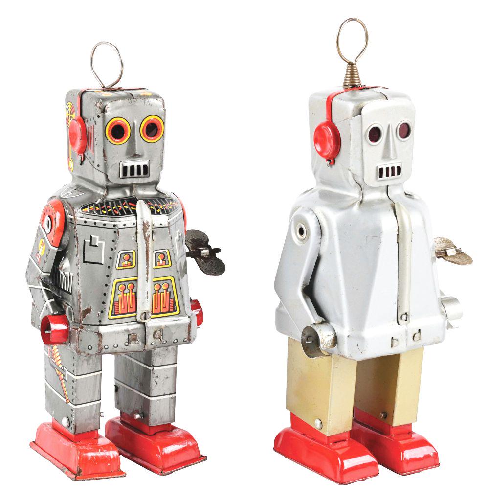LOT OF 2: RARE VERSION TIN LITHO WIND-UP SPARKY ROBOTS. (1 of 4)