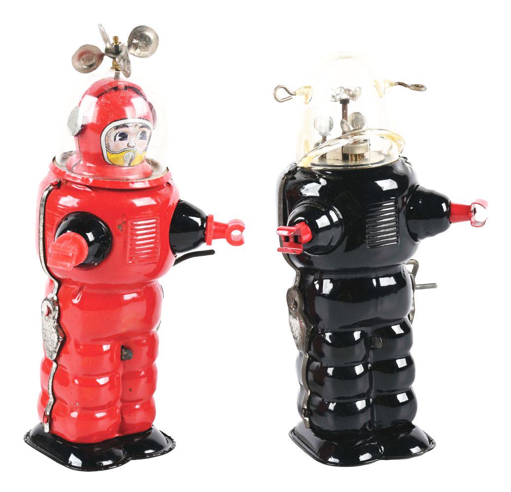 LOT OF 2: JAPANESE TIN LITHO CRANK FRICTION ROBOT & ASTRONAUT TOYS. (1 of 4)