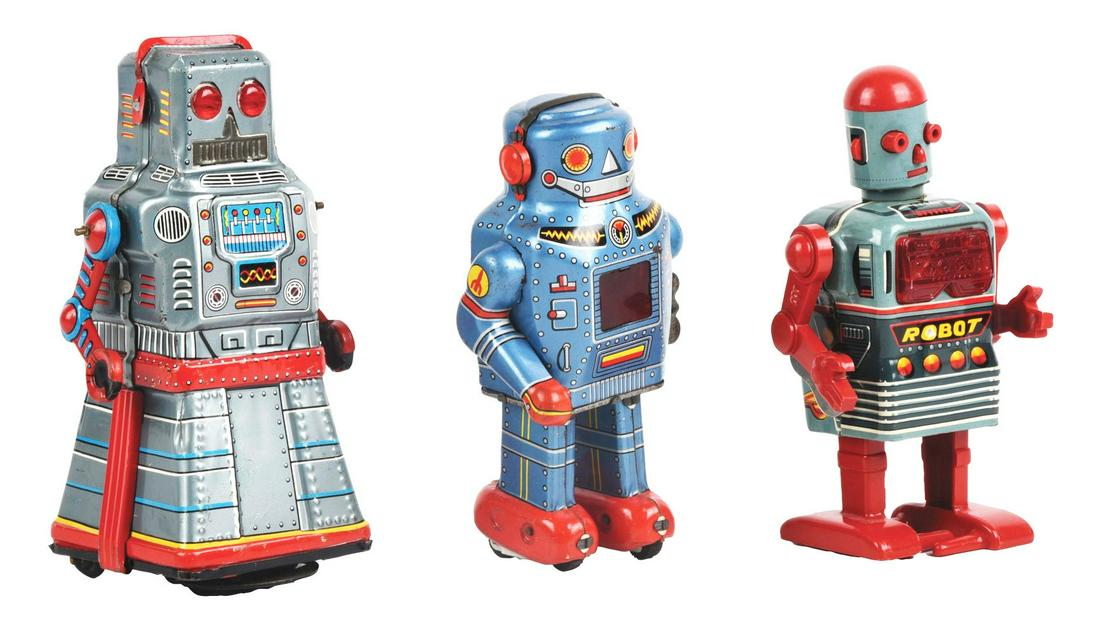 LOT OF 3: TIN LITHO CRANK FRICTION & WIND-UP ROBOTS. (1 of 4)